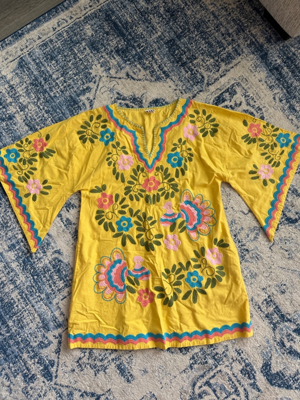 Yellow Floral Embroidered Women's Tunic Dress